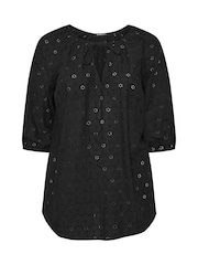 Yours Curve Black Floral Broderie Anglaise Tie Front Top - Image 9 of 9