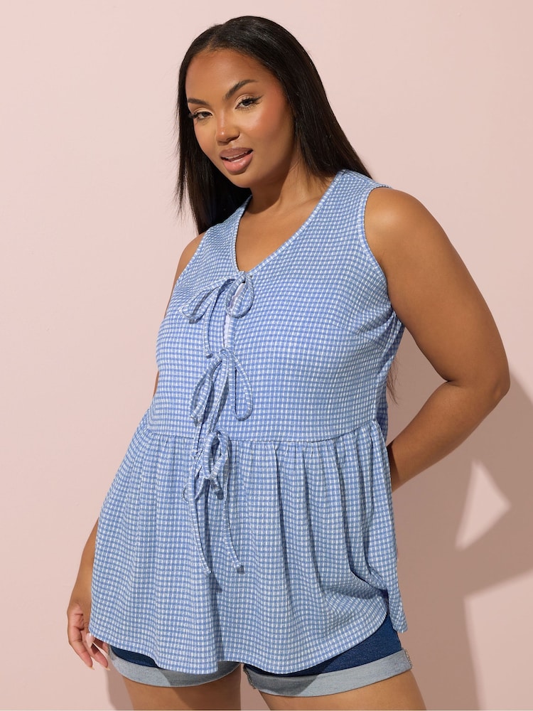 Yours Curve Blue Gingham Bow Tie Front Top - Image 1 of 5
