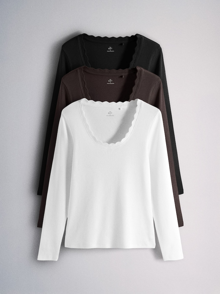 The Set 3 Pack Ribbed Scallop Scoop Long Sleeve T-Shirts - Εικόνα 1 του 6