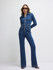 River Island Denim Zip Front Jumpsuit - Imagen 1 de 4
