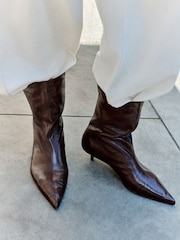 Chocolate Brown Standard fit N. Premium Kitten Heel Midi Leather Boots - Image 1 of 4