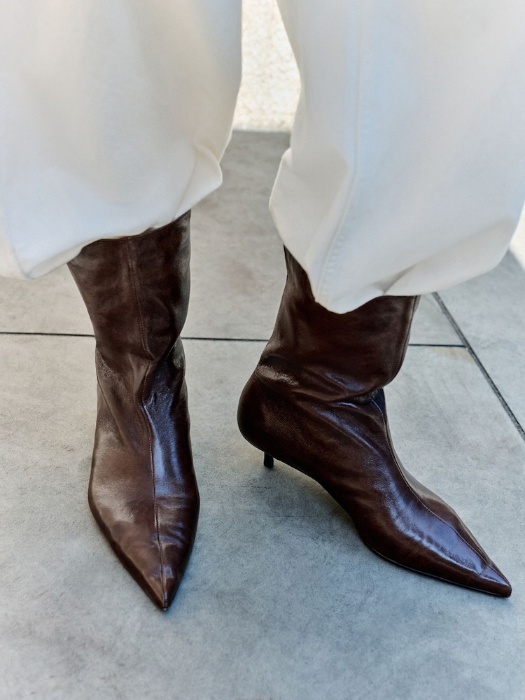 Chocolate Brown Standard fit N. Premium Kitten Heel Midi Leather Boots - Image 1 of 4