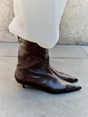 Chocolate Brown Standard fit N. Premium Kitten Heel Midi Leather Boots - Image 2 of 4