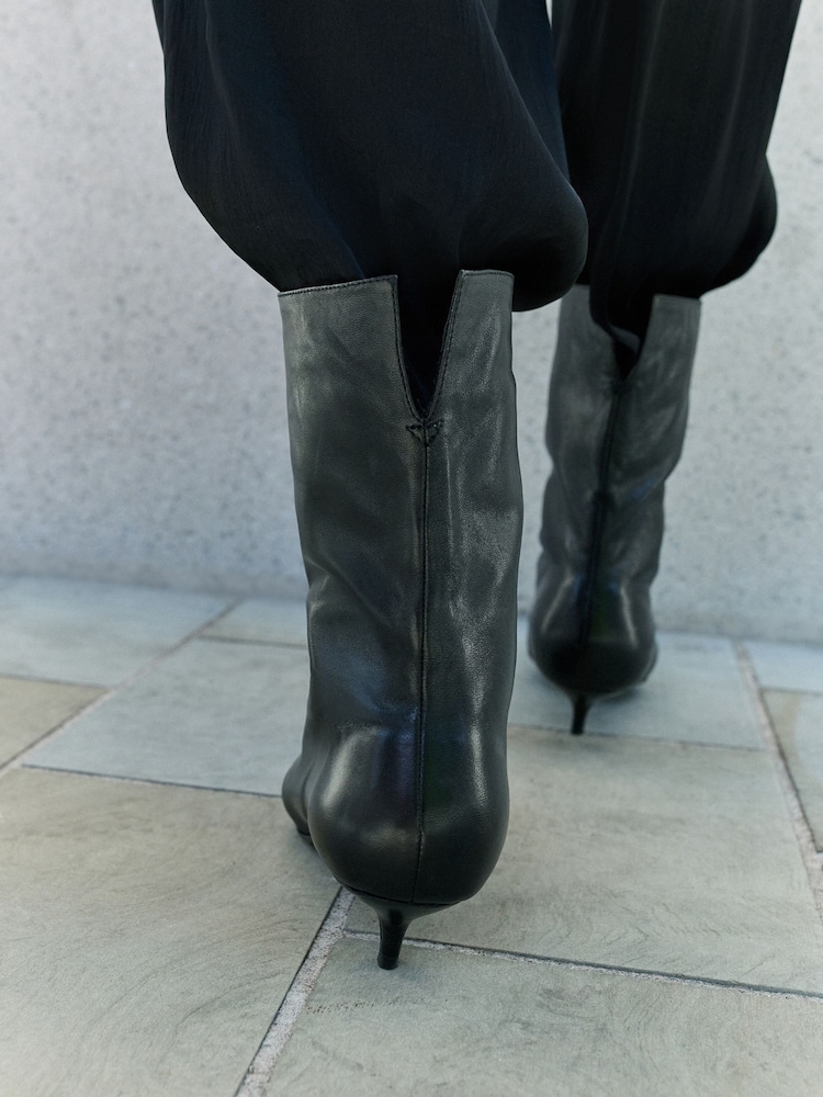 Black Standard fit N. Premium Kitten Heel Midi Leather Boots - Image 4 of 4