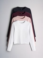 The Set 4 Pack Long Sleeve Cropped T-Shirts Burgundy Red/Navy Blue/Pink/White - Image 1 of 7