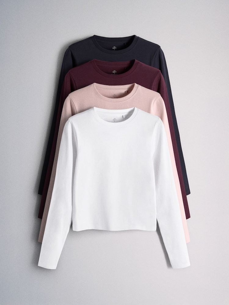 The Set 4 Pack Long Sleeve Cropped T-Shirts Burgundy Red/Navy Blue/Pink/White - Image 1 of 7