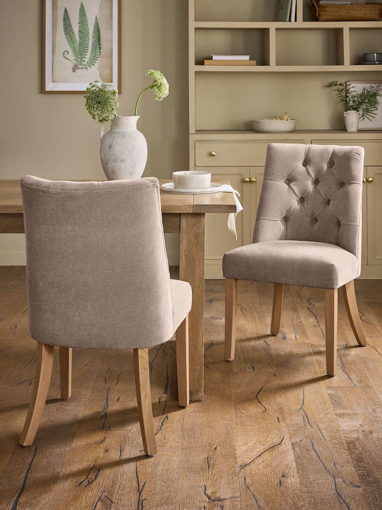 Set of 2 Soft Twill Light Mink Brown Light Wood Leg Wolton Buttoned Dining Chairs - Image 1 of 8 Set of 2 Soft Twill Light Mink Brown Light Wood Leg Wolton Buttoned Dining Chairs - Image 1 of 8