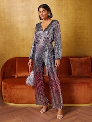 Love & Roses Purple Ombre Sequin Jumpsuit - Image 1 of 6