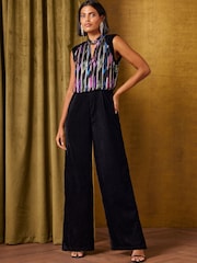 Love & Roses Metallic Jacquard Tie Neck Velvet Sleeveless Jumpsuit - 6суретінің 1 суреті