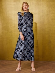 Love & Roses Blue Check Metallic Strong Shoulder Midi Dress - Image 1 of 5
