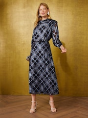 Love & Roses Blue Check Metallic Strong Shoulder Midi Dress - Image 3 of 5