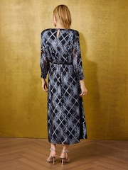 Love & Roses Blue Check Metallic Strong Shoulder Midi Dress - Image 4 of 5