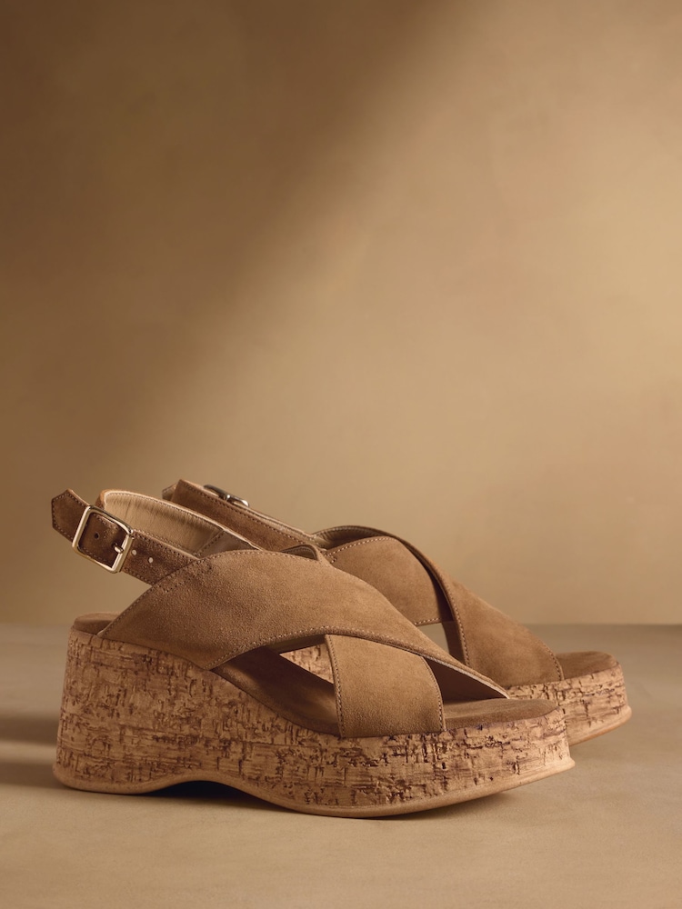 Russell & Bromley Tan Brown Suede Brooke Wedge Sandals - Image 1 of 7