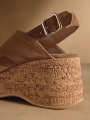 Russell & Bromley Tan Brown Suede Brooke Wedge Sandals - Image 6 of 7