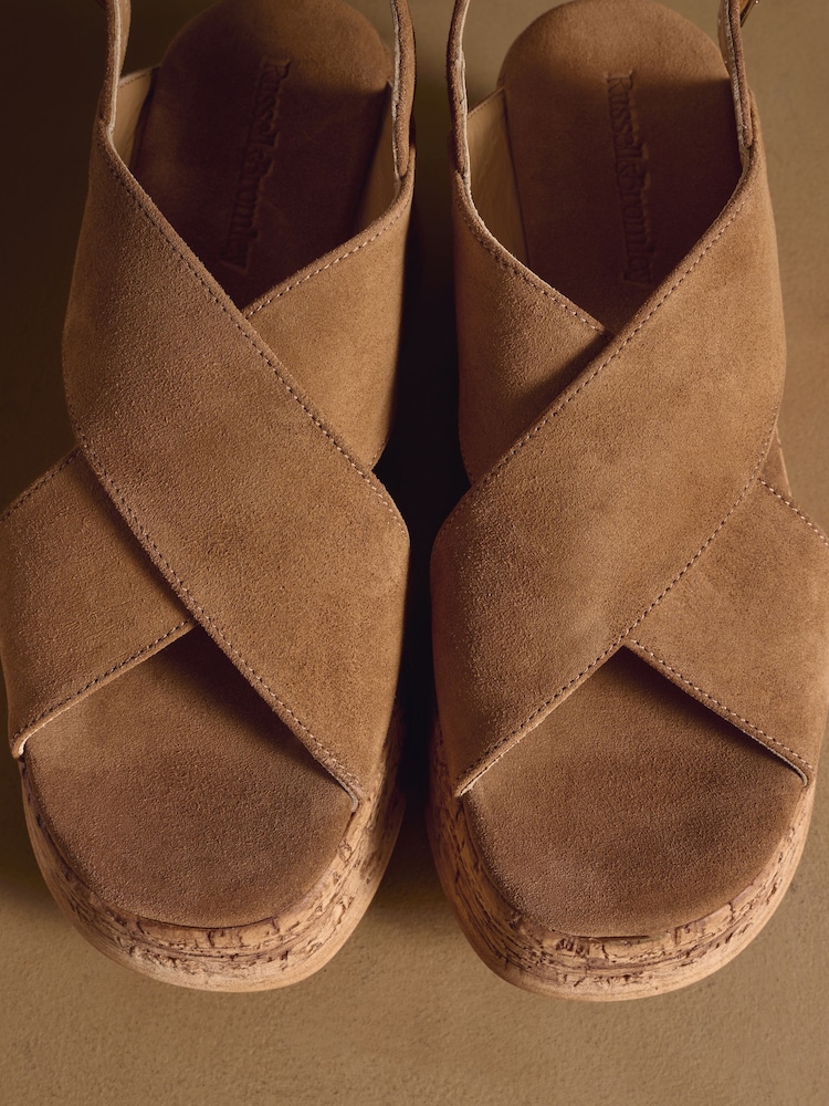 Russell & Bromley Tan Brown Suede Brooke Wedge Sandals - Image 7 of 7