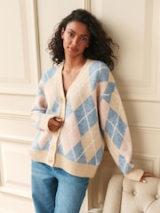 Laura Ashley Blue/Pink Argyle V-Neck Boyfriend Cardigan - Image 1 of 6