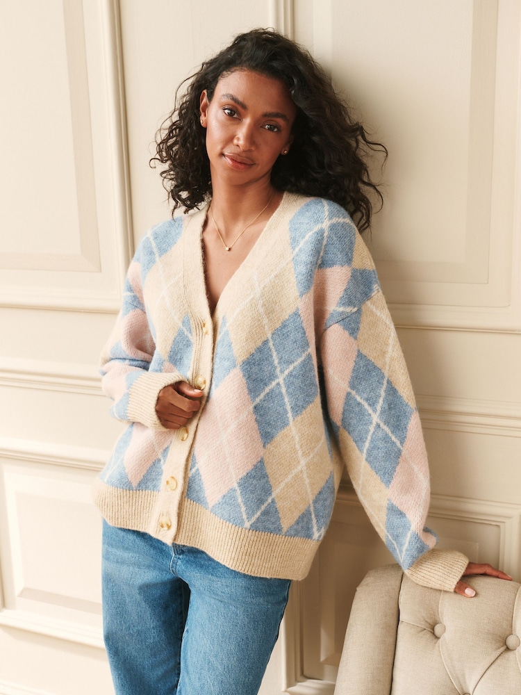 Laura Ashley Blue/Pink Argyle V-Neck Boyfriend Cardigan - Image 1 of 6