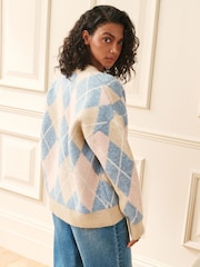 Laura Ashley Blue/Pink Argyle V-Neck Boyfriend Cardigan - Image 2 of 6