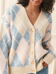 Laura Ashley Blue/Pink Argyle V-Neck Boyfriend Cardigan - Image 3 of 6