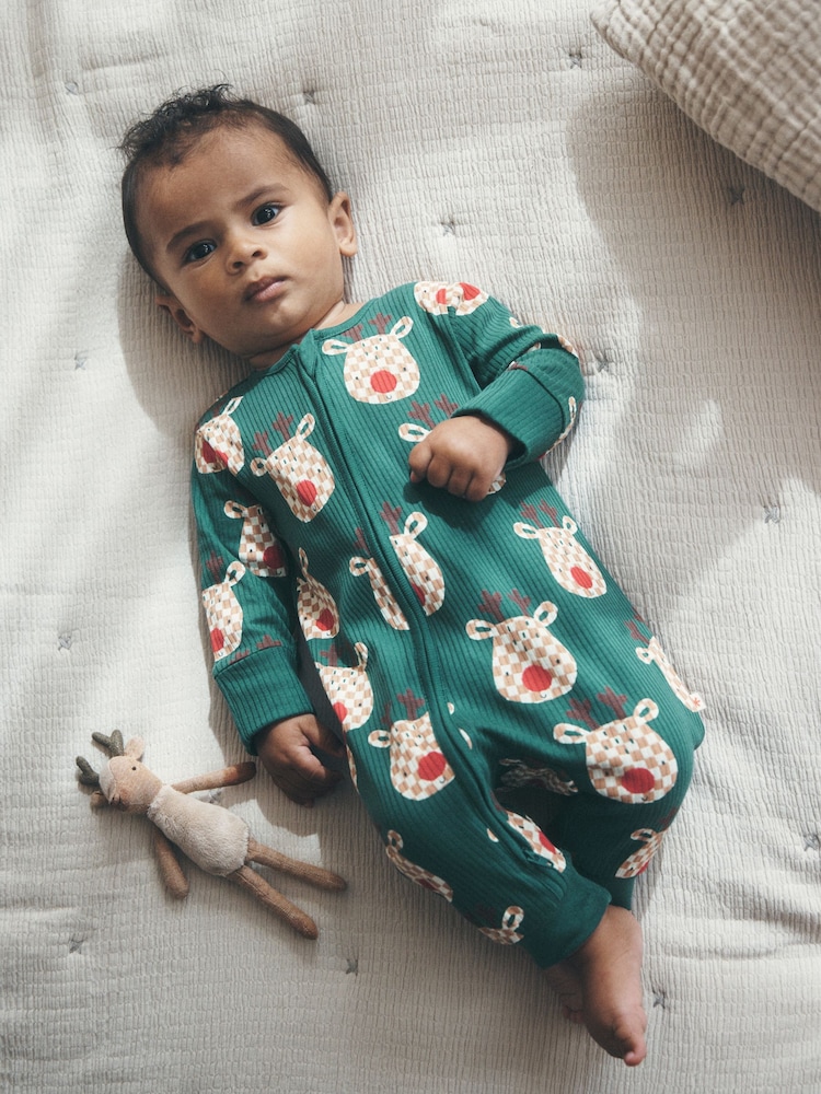 Green Reindeer Christmas Two Way Zip Sleepsuit (0mths-3yrs) - Image 1 of 10 Green Reindeer Christmas Two Way Zip Sleepsuit (0mths-3yrs) - Image 1 of 10
