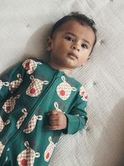 Green Reindeer Christmas Two Way Zip Sleepsuit (0mths-3yrs) - Image 3 of 10