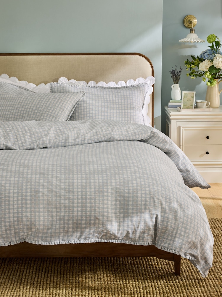 Laura Ashley Chalk Blue Cresswell Gingham Mini Frill 100% Cotton Duvet Cover and Pillowcase Set - Image 1 of 5 Laura Ashley Chalk Blue Cresswell Gingham Mini Frill 100% Cotton Duvet Cover and Pillowcase Set - Image 1 of 5