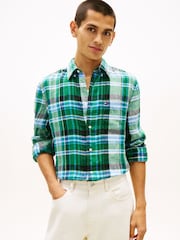 Tommy Hilfiger Green Regular Fit Madras Check Pure Linen Shirt - Image 1 of 5