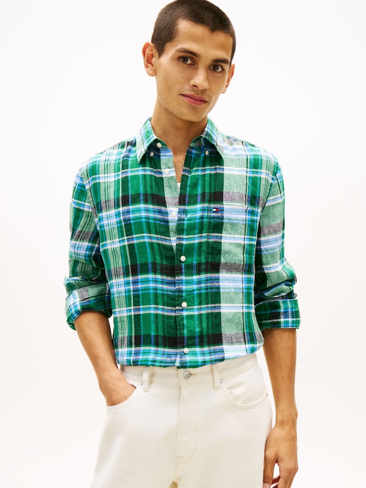 Tommy Hilfiger Green Regular Fit Madras Check Pure Linen Shirt - Image 1 of 5 Tommy Hilfiger Green Regular Fit Madras Check Pure Linen Shirt - Image 1 of 5