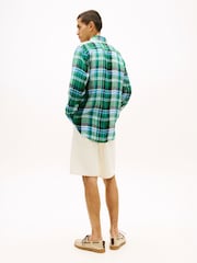 Tommy Hilfiger Green Regular Fit Madras Check Pure Linen Shirt - Image 3 of 5