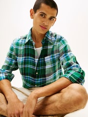 Tommy Hilfiger Green Regular Fit Madras Check Pure Linen Shirt - Image 4 of 5