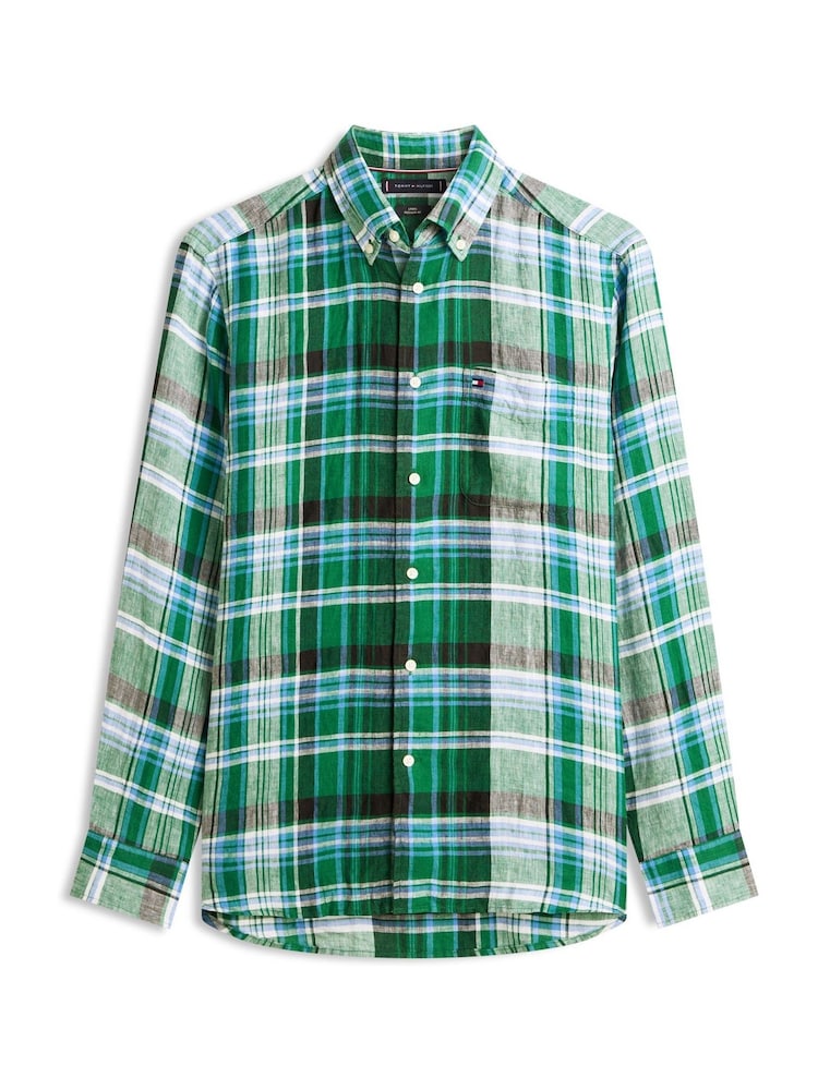 Tommy Hilfiger Green Regular Fit Madras Check Pure Linen Shirt - Image 5 of 5 Tommy Hilfiger Green Regular Fit Madras Check Pure Linen Shirt - Image 5 of 5