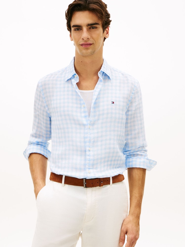 Tommy Hilfiger Blue Regular Fit Gingham Check Pure Linen Shirt - Image 1 of 5