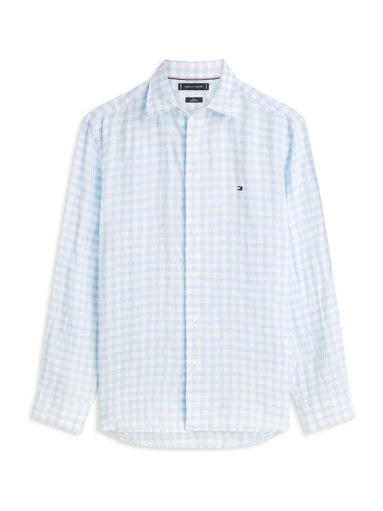 Tommy Hilfiger Blue Regular Fit Gingham Check Pure Linen Shirt - Image 5 of 5