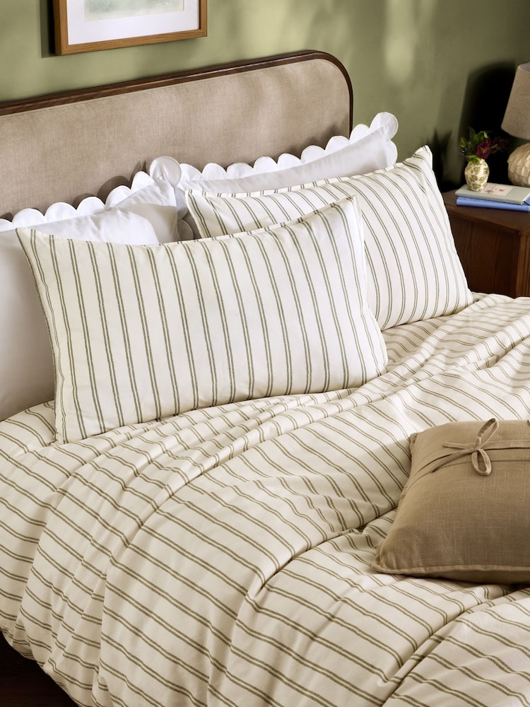 Laura Ashley Moss Green Henley Stripe 100% Cotton Pillowcases - Image 1 of 4