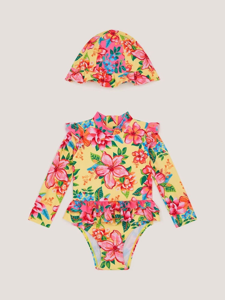 Monsoon Yellow Baby Floral UPF50+ Swimsuit And Hat - Image 1 of 3