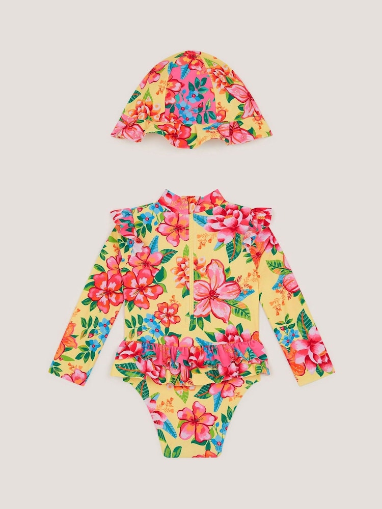 Monsoon Yellow Baby Floral UPF50+ Swimsuit And Hat - Image 2 of 3