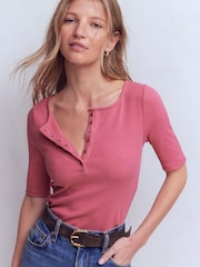 Boden Pink Short Sleeve Rib Henley T-Shirt - Image 4 of 5