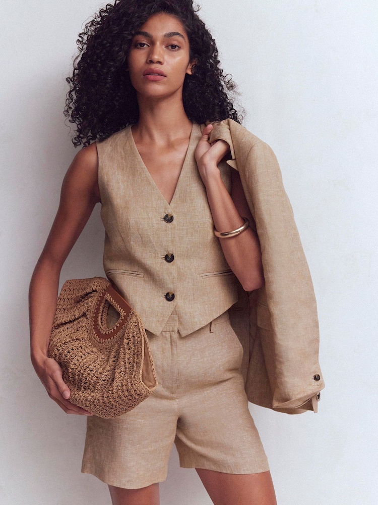 Boden Brown V-neck Linen Waistcoat - Image 1 of 5 Boden Brown V-neck Linen Waistcoat - Image 1 of 5