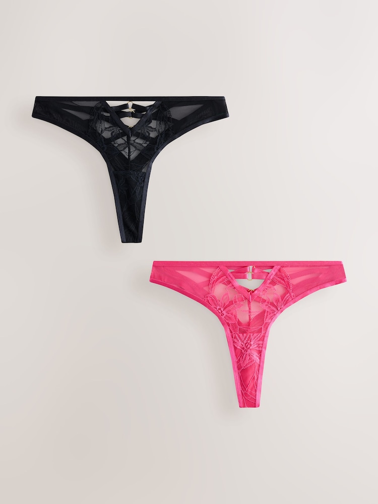 Pink/Black Lace Strappy Thongs 2 Pack - Image 1 of 8