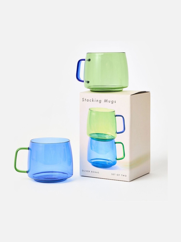 Oliver Bonas Set of 2 Blue Stacking Glass Mugs - Image 2 of 5