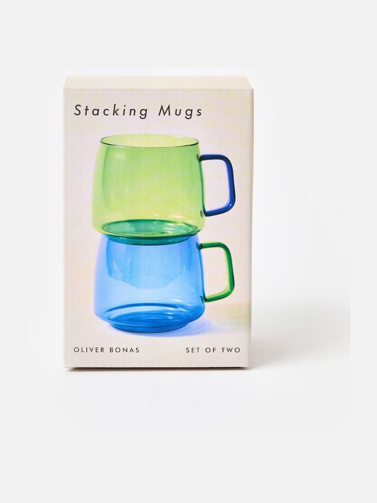 Oliver Bonas Set of 2 Blue Stacking Glass Mugs - Image 5 of 5