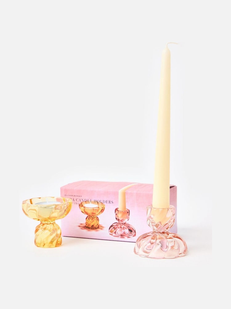 Oliver Bonas Pink Alba Double Sided Glass Candlestick Holders Candle Sticks Set of Two - Image 1 of 5