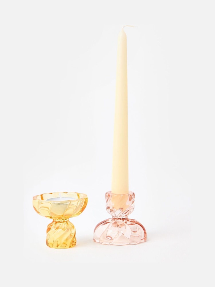 Oliver Bonas Pink Alba Double Sided Glass Candlestick Holders Candle Sticks Set of Two - Image 2 of 5