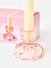 Oliver Bonas Pink Alba Double Sided Glass Candlestick Holders Candle Sticks Set of Two - Image 3 of 5