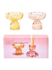 Oliver Bonas Pink Alba Double Sided Glass Candlestick Holders Candle Sticks Set of Two - Image 5 of 5