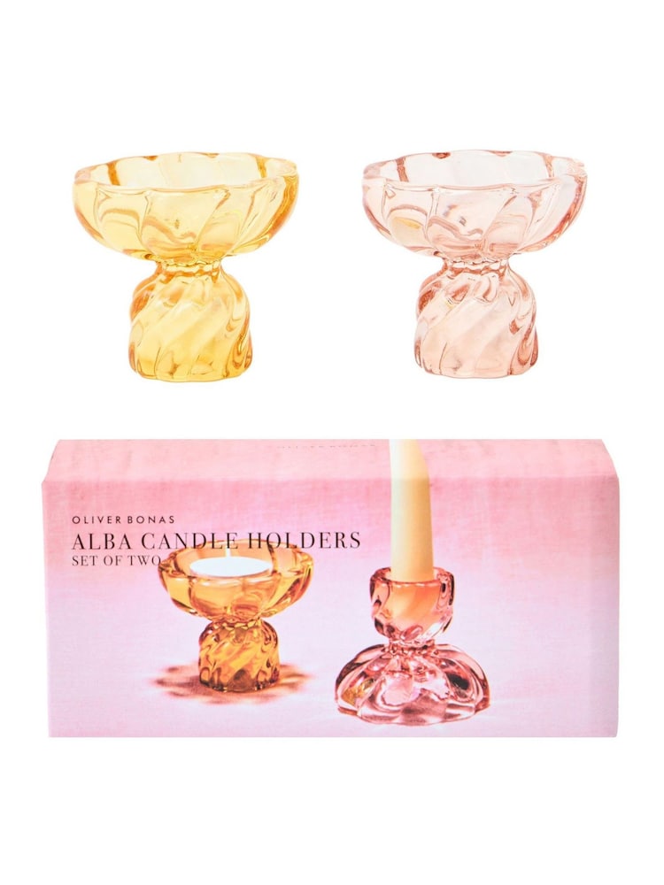 Oliver Bonas Pink Alba Double Sided Glass Candlestick Holders Candle Sticks Set of Two - Image 5 of 5