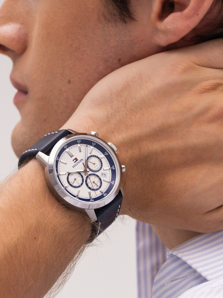 Tommy Hilfiger Blue Leather Strap Watch - Image 1 of 5 Tommy Hilfiger Blue Leather Strap Watch - Image 1 of 5