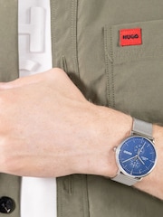 HUGO Silver Tone Style Stainless Steel Mesh Bracelet And Blue Dial Watch - Image 1 of 6