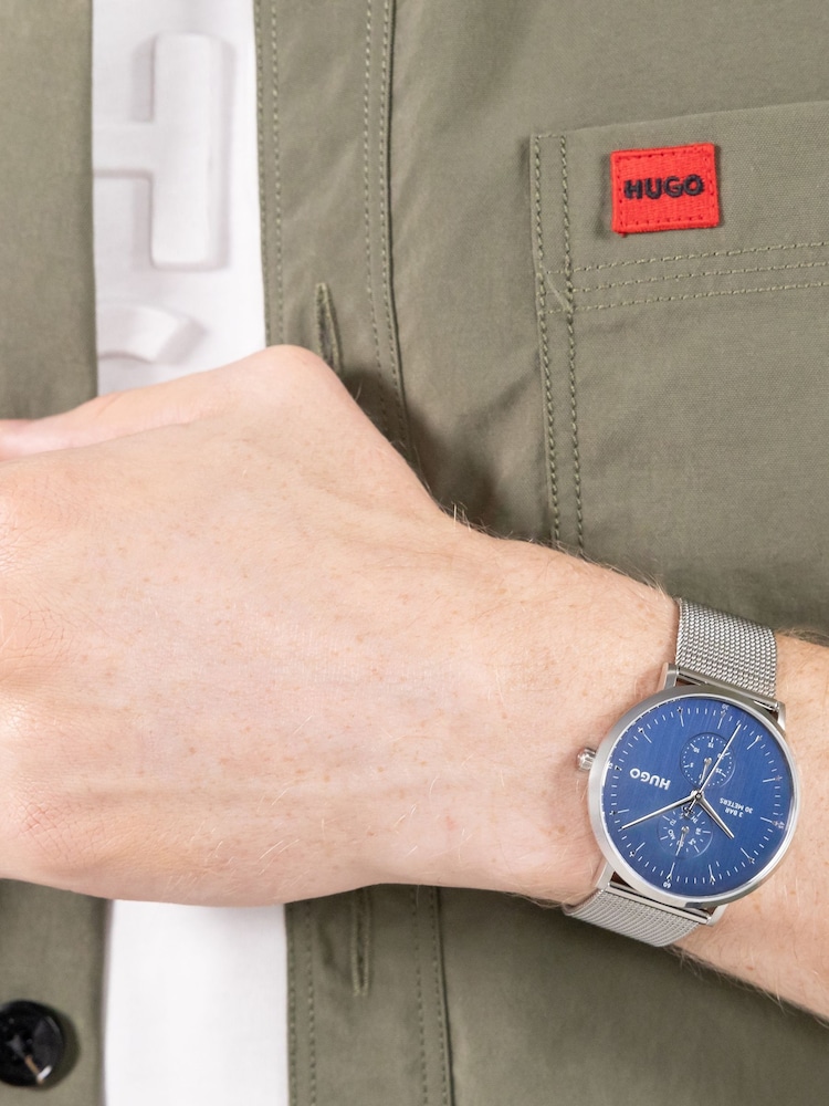 HUGO Silver Tone Style Stainless Steel Mesh Bracelet And Blue Dial Watch - Image 1 of 6
