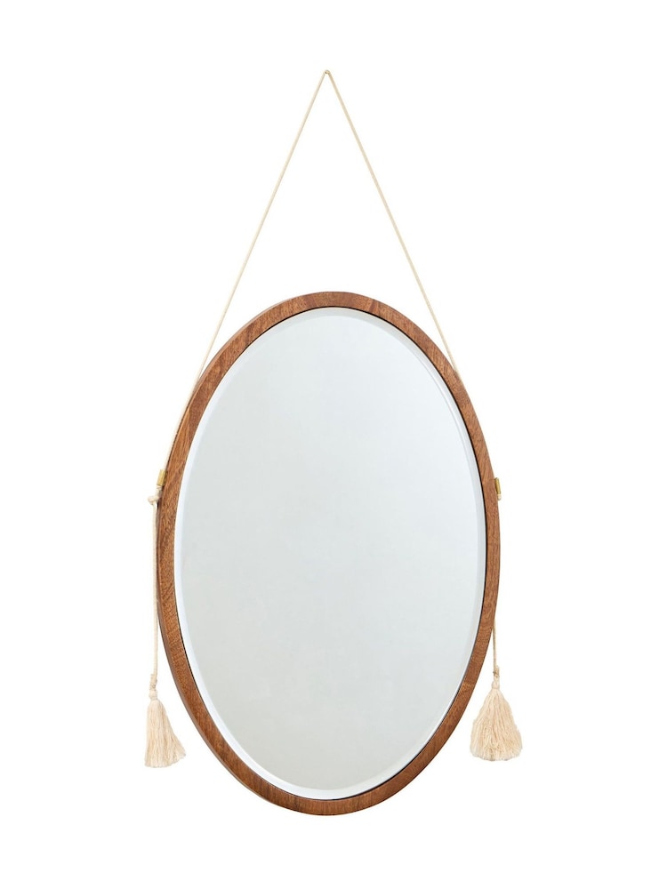 Oliver Bonas Brown Wooden Oval Tassel Wall Mirror - Image 4 of 4 Oliver Bonas Brown Wooden Oval Tassel Wall Mirror - Image 4 of 4
